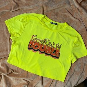 Yellow Crop Top with Red fire words “Double” from Shein.